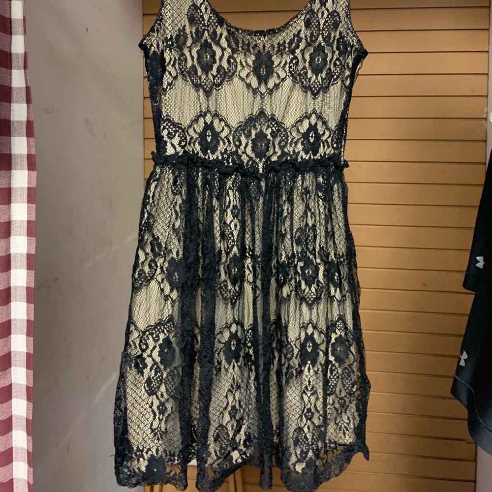 Tan & Black Lace Midi Dress